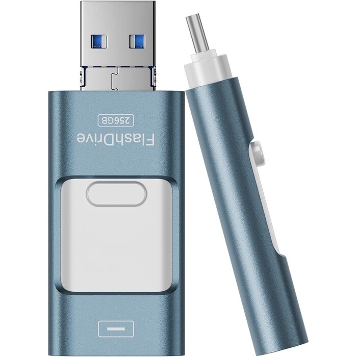 256GB-LIGHT-FLASH - ZARMST Flash Drive for iPhone 256GB, 4 in 1 USB Type C Memory Stick, Photo Stick External Storage Thumb Drive for iPhone iPad Android Computer, Sky Blue