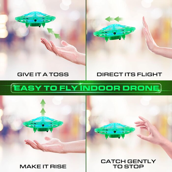 Scoot LED Hand Operated Drone for Kids or Adults - Hands Free Motion Sensor Mini Drone, Easy Indoor Small UFO Toy Flying Ball Drone Toy for Boys and Girls (Green/Blue)