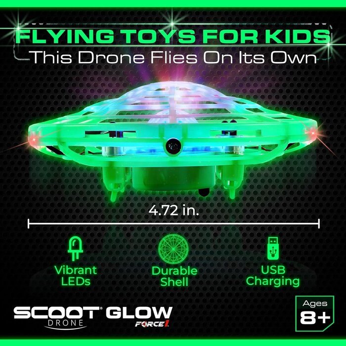 Scoot LED Hand Operated Drone for Kids or Adults - Hands Free Motion Sensor Mini Drone, Easy Indoor Small UFO Toy Flying Ball Drone Toy for Boys and Girls (Green/Blue)