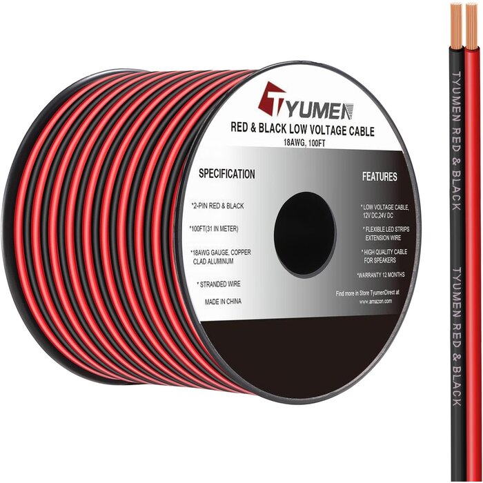 Tyumen 18-GAUGE-WIRE - Tyumen 18 Gauge Electrical Wire, 100ft 18/2 AWG Red Black Hookup Electrical Wire LED Strips Extension Cord 12V/24V DC Cable, 18AWG 2 Conductors Flexible Wire for LED Ribbon Lamp Tape Lighting