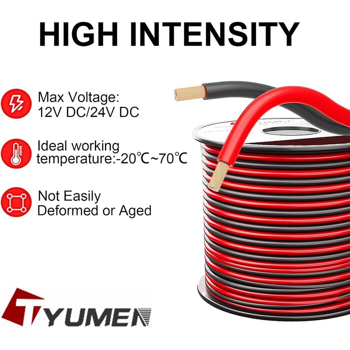 Tyumen 18-GAUGE-WIRE - Tyumen 18 Gauge Electrical Wire, 100ft 18/2 AWG Red Black Hookup Electrical Wire LED Strips Extension Cord 12V/24V DC Cable, 18AWG 2 Conductors Flexible Wire for LED Ribbon Lamp Tape Lighting