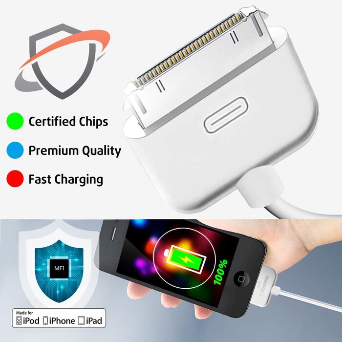 APPLE-30PIN-3FT - Azosowo 3.3ft/1m 30 Pin USB Charger Cable - Fast Charging Compatible for Old iPhone 4 4S, iPhone 3G 3GS, iPad 1 2 3, iPod Nano Touch Classic