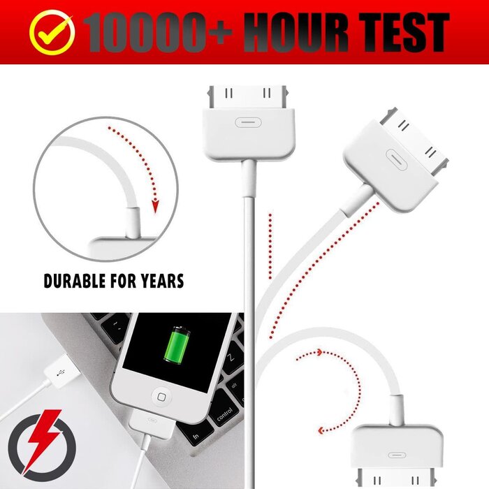 APPLE-30PIN-3FT - Azosowo 3.3ft/1m 30 Pin USB Charger Cable - Fast Charging Compatible for Old iPhone 4 4S, iPhone 3G 3GS, iPad 1 2 3, iPod Nano Touch Classic
