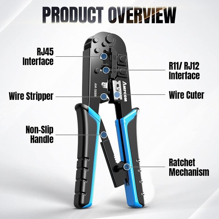 AMPCOM ‎AM-568R-GB - AMPCOM RJ45 Crimping Tool, 8P/6P-RJ11, RJ12 Crimper Cutter Stripper