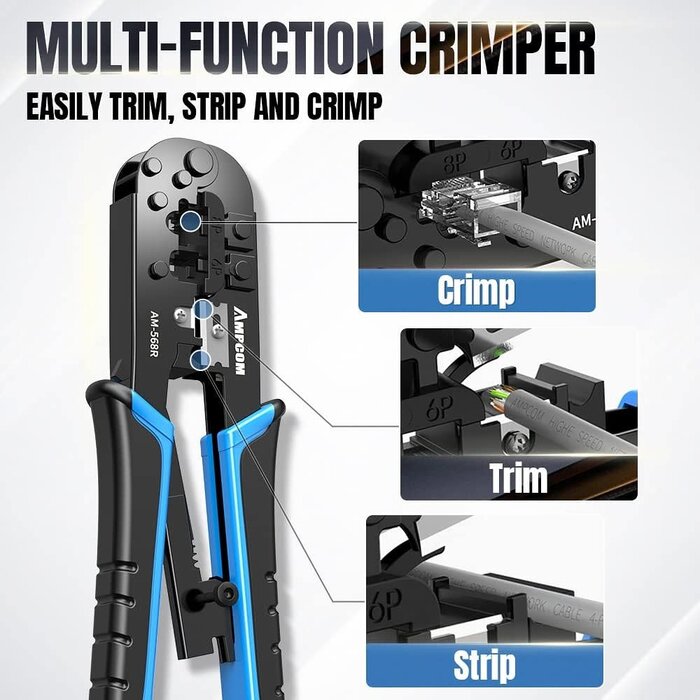AMPCOM ‎AM-568R-GB - AMPCOM RJ45 Crimping Tool, 8P/6P-RJ11, RJ12 Crimper Cutter Stripper