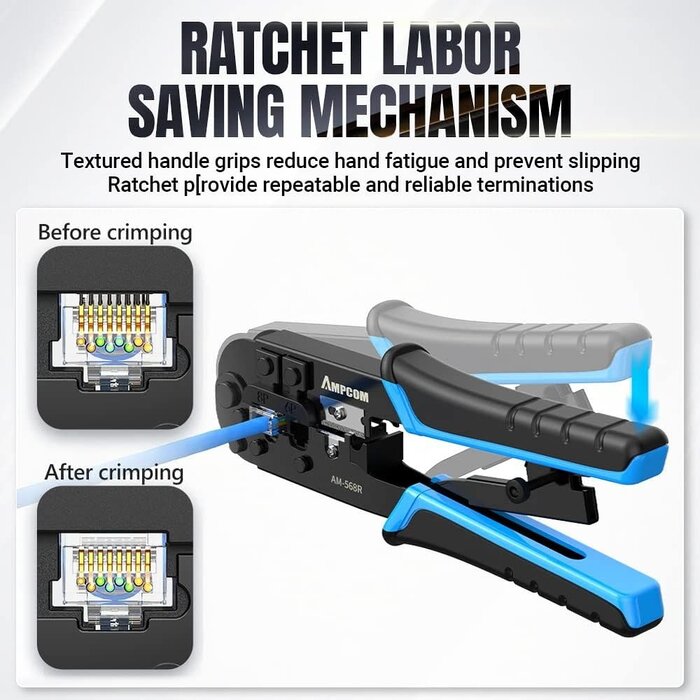 AMPCOM ‎AM-568R-GB - AMPCOM RJ45 Crimping Tool, 8P/6P-RJ11, RJ12 Crimper Cutter Stripper