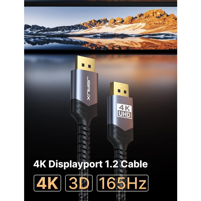 DP2DP-10FT - JSAUX DisplayPort Cable 10ft, 4K DP 1.2 Cable | 4K@60Hz, 2K@165Hz, 2K@144Hz | HDR, 21.6Gbps, FreeSync, G-Sync Display Port Cord for Gaming Monitor Graphics 3090 PC - Grey