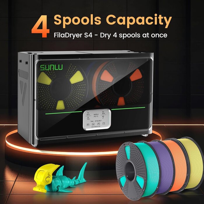 Cregrant3D SUNLU-3D-DRYER-S4 - SUNLU 3D Printer Filament Dryer S4, 4 Spools Capacity, 3 Circulation Fans, 350W PTC Heater, 70℃ Max Temperature, Power Saving Storage Mode, Nylon TPU PLA PETG ABS Filament Dryer Box, Black