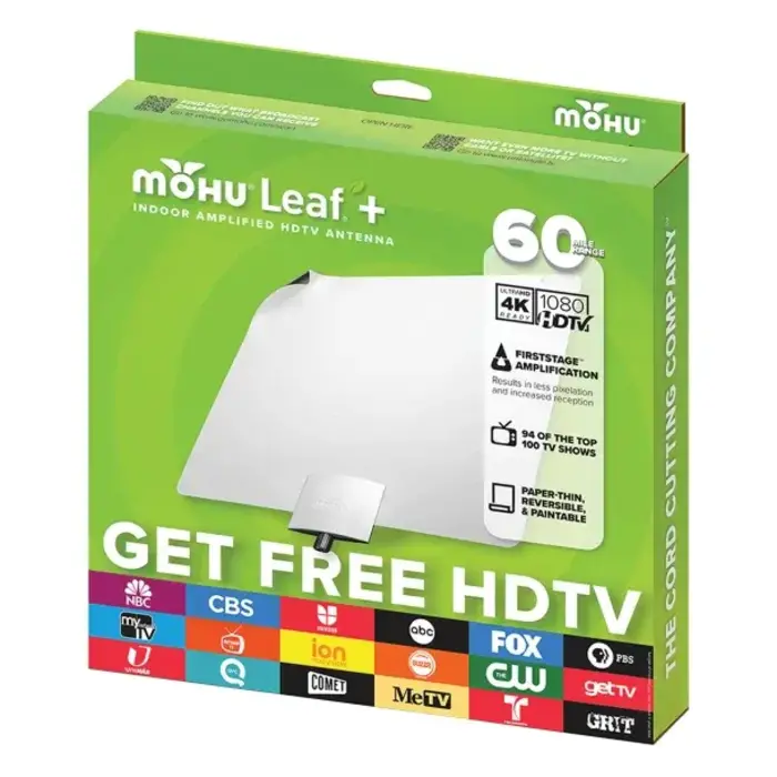 Mohu MHUMH110029 - Mohu Leaf Plus Paper-Thin Indoor TV Antenna, Amplified, UHF VHF, 60-Mile Range, Multi-Directional, 4K 8K UHD, NEXTGEN TV - with 12-Ft. Cable