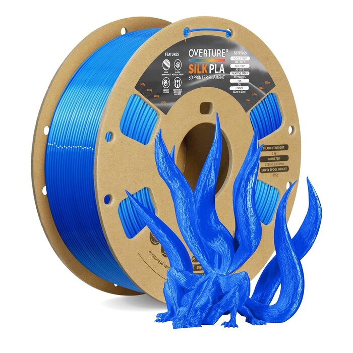 OVERTURE-SILK-BLUE - OVERTURE Silk Blue Filament PLA 1.75mm Clog-Free Shiny 3D Printer Filament, 1kg Spool (2.2lbs), Dimensional Accuracy +/- 0.02 mm, Fit Most FDM Printer (Silk Blue)