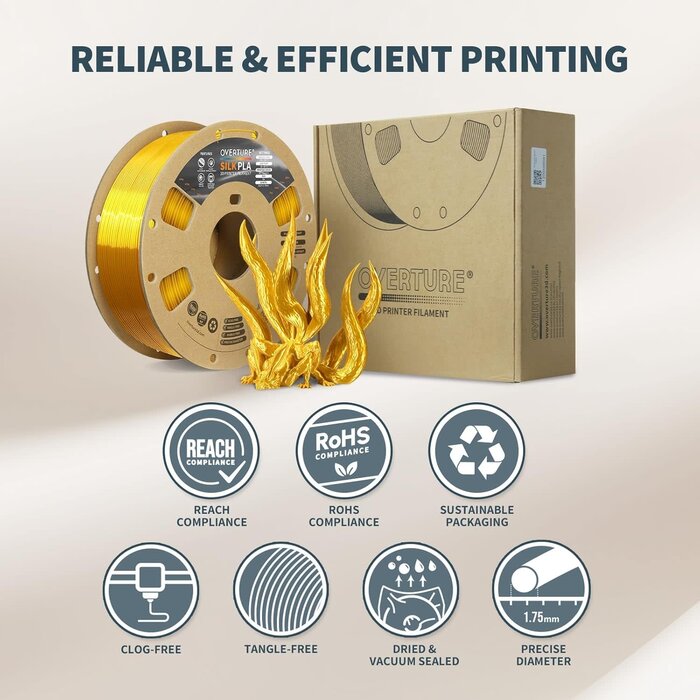 OVERTURE Silk Light Gold PLA Filament 1.75mm, Clog-Free Shiny, Metallic Shine 3D Printer Filament, 1kg Spool (2.2lbs), Ideal for Cosplay Jewelry & Home Decor