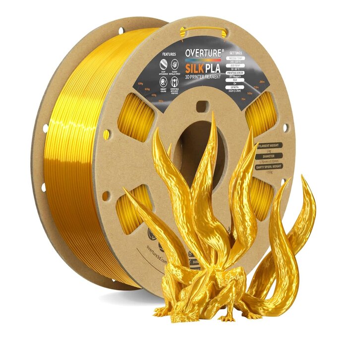 OVERTURE Silk Light Gold PLA Filament 1.75mm, Clog-Free Shiny, Metallic Shine 3D Printer Filament, 1kg Spool (2.2lbs), Ideal for Cosplay Jewelry & Home Decor