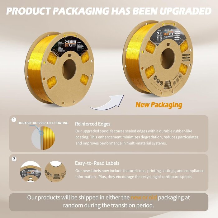 OVERTURE Silk Light Gold PLA Filament 1.75mm, Clog-Free Shiny, Metallic Shine 3D Printer Filament, 1kg Spool (2.2lbs), Ideal for Cosplay Jewelry & Home Decor