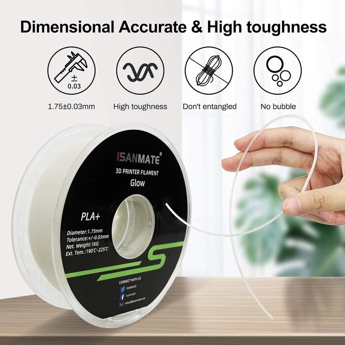 iSANMATE iSANMATE-GREEN - iSANMATE 3D Printer Glow in The Dark Filament Green, PLA Filament 1.75 mm, Dimensional Accuracy +/- 0.03 mm, 250g