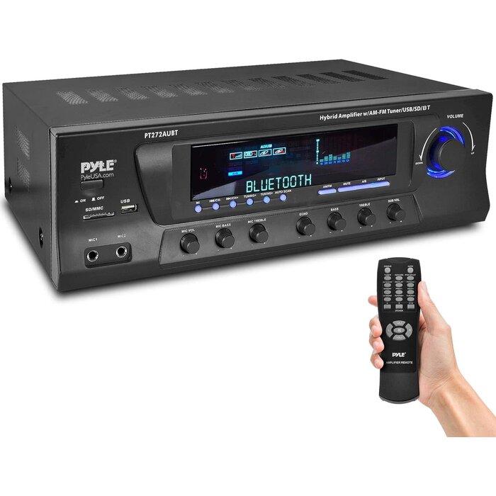 PT272AUBT - Pyle Wireless Bluetooth Audio Power Amplifier - 300W 4 Channel Home Theater Stereo Receiver with USB, AM FM, 2 Mic IN with Echo, RCA, LED, Speaker Selector, For Studio, Home Use, Black