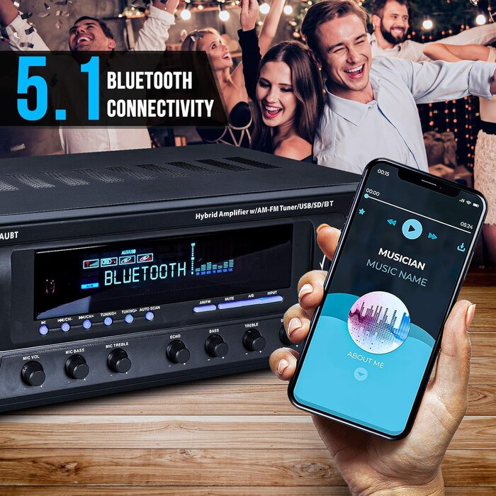 PT272AUBT - Pyle Wireless Bluetooth Audio Power Amplifier - 300W 4 Channel Home Theater Stereo Receiver with USB, AM FM, 2 Mic IN with Echo, RCA, LED, Speaker Selector, For Studio, Home Use, Black