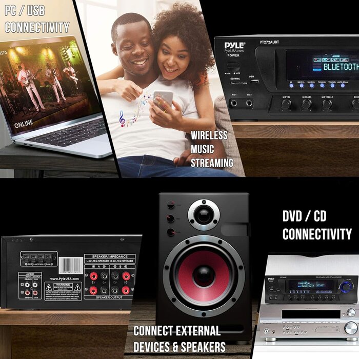 PT272AUBT - Pyle Wireless Bluetooth Audio Power Amplifier - 300W 4 Channel Home Theater Stereo Receiver with USB, AM FM, 2 Mic IN with Echo, RCA, LED, Speaker Selector, For Studio, Home Use, Black