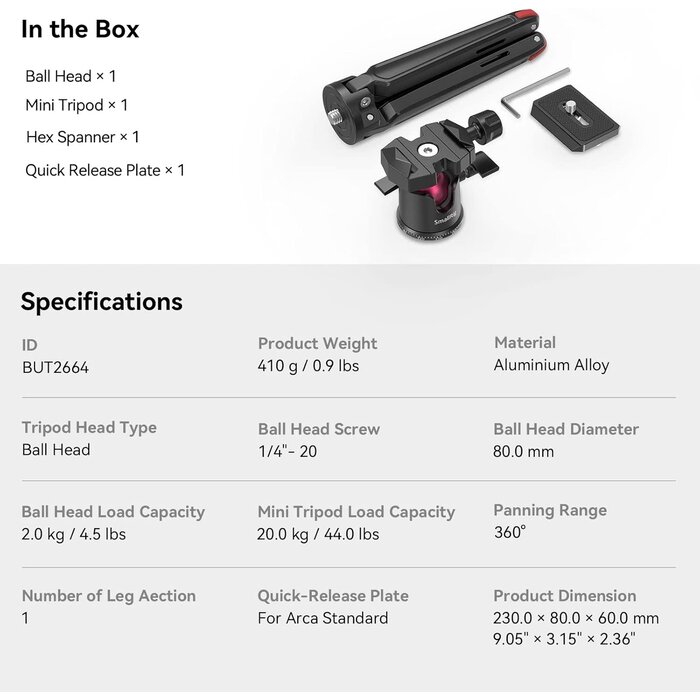 SmallRig BUT2664-AU - SmallRig Mini Tripod for Camera, Updated Desktop Tabletop Tripod with Arca-Type Compatible QR Plate, 360° Ball Head and 1/4 Screws Portable for Compact Cameras DSLRs, Phone, Gopro