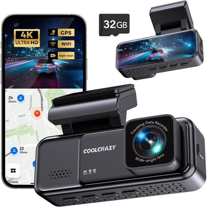 COOLCRAZY COOLCRAZY N7 - COOLCRAZY Dash Cam 4K Front, Built-in WiFi GPS Dash Camera for Cars, 3.2" IPS Screen Dashcam with App Control, Free 32G Card, 170°Wide Angle, 24H Parking Mode, WDR, Night Vision, G-Sensor