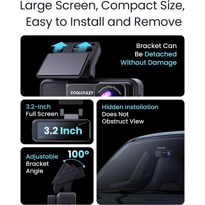 COOLCRAZY COOLCRAZY N7 - COOLCRAZY Dash Cam 4K Front, Built-in WiFi GPS Dash Camera for Cars, 3.2" IPS Screen Dashcam with App Control, Free 32G Card, 170°Wide Angle, 24H Parking Mode, WDR, Night Vision, G-Sensor