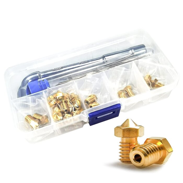 XIFOWE E-PT - XIFOWE Nozzles 22 pcs 3D Printer Extruders Brass Nozzles for V5-V6 3D Printer, 0.2mm, 0.4mm, 0.6mm, 0.8mm, 1.0mm, with DIY Tools and A Ten-Grid Parts Box, Compatible with I3 A8 MK3/MK3S Clone