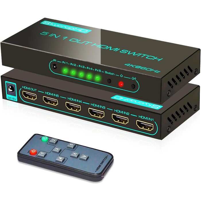 SkycropHD HD0501 - SkycropHD 4K@60Hz HDMI Switch, 5 in 1 Out HDMI 2.0 Switcher with Remote Support Auto Switch, HDR10, Dolby Vision, Dolby Atmos, 18Gbps, CEC