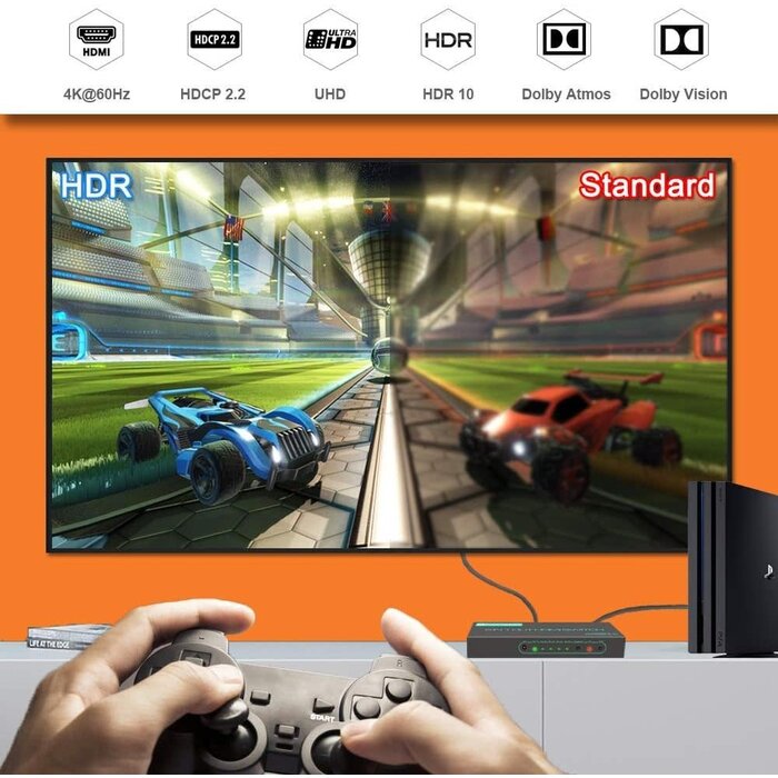 SkycropHD HD0501 - SkycropHD 4K@60Hz HDMI Switch, 5 in 1 Out HDMI 2.0 Switcher with Remote Support Auto Switch, HDR10, Dolby Vision, Dolby Atmos, 18Gbps, CEC