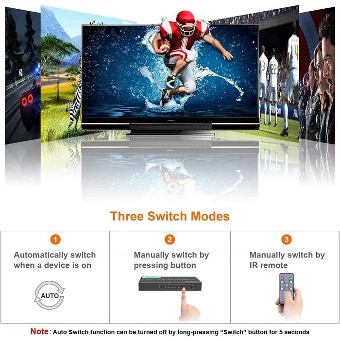 SkycropHD HD0501 - SkycropHD 4K@60Hz HDMI Switch, 5 in 1 Out HDMI 2.0 Switcher with Remote Support Auto Switch, HDR10, Dolby Vision, Dolby Atmos, 18Gbps, CEC