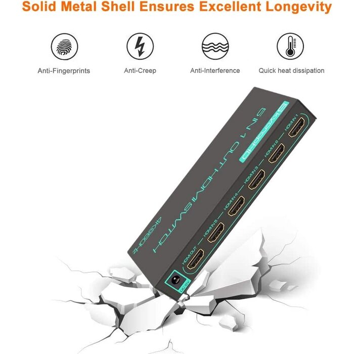 SkycropHD HD0501 - SkycropHD 4K@60Hz HDMI Switch, 5 in 1 Out HDMI 2.0 Switcher with Remote Support Auto Switch, HDR10, Dolby Vision, Dolby Atmos, 18Gbps, CEC