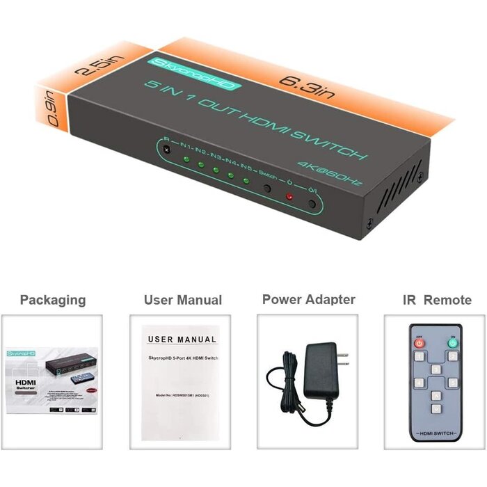 SkycropHD HD0501 - SkycropHD 4K@60Hz HDMI Switch, 5 in 1 Out HDMI 2.0 Switcher with Remote Support Auto Switch, HDR10, Dolby Vision, Dolby Atmos, 18Gbps, CEC