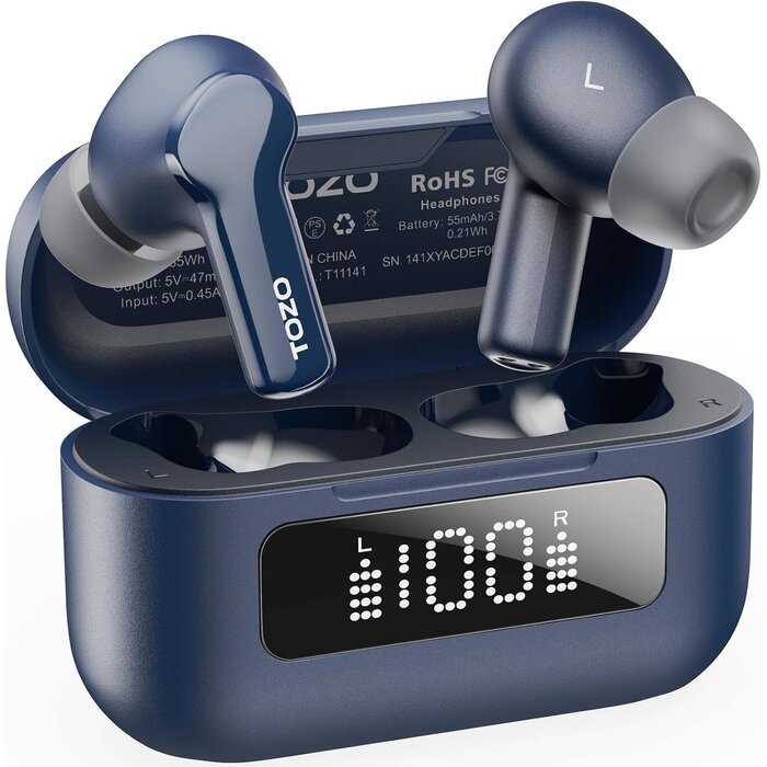 TOZO NC3-BLUE - TOZO Blue, Hybrid Active Noise Cancelling Wireless Earbuds with 6 Mics AI Clear Call Ear Buds 55H Playtime with LED Display 32 Preset EQs via APP Bluetooth 5.3 IPX8 Waterproof in Ear Headphones