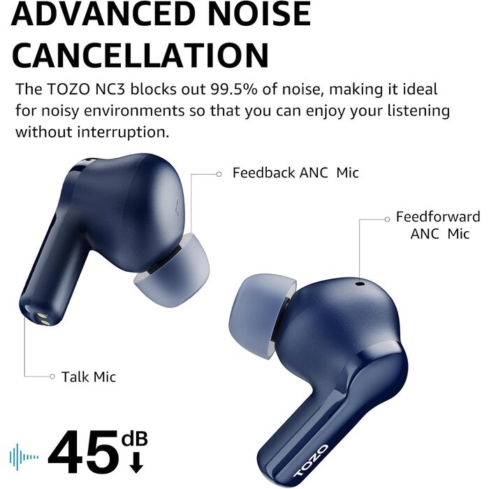 TOZO NC3-BLUE - TOZO Blue, Hybrid Active Noise Cancelling Wireless Earbuds with 6 Mics AI Clear Call Ear Buds 55H Playtime with LED Display 32 Preset EQs via APP Bluetooth 5.3 IPX8 Waterproof in Ear Headphones