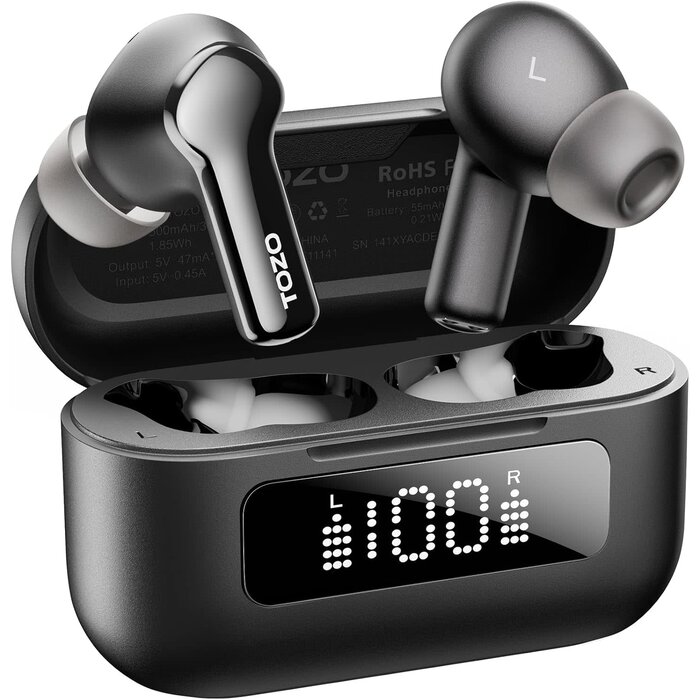TOZO NC3-BLACK - TOZO Black, Hybrid Active Noise Cancelling Wireless Earbuds with 6 Mics AI Clear Call Ear Buds 55H Playtime with LED Display 32 Preset EQs via APP Bluetooth 5.3 IPX8 Waterproof in Ear Headphones
