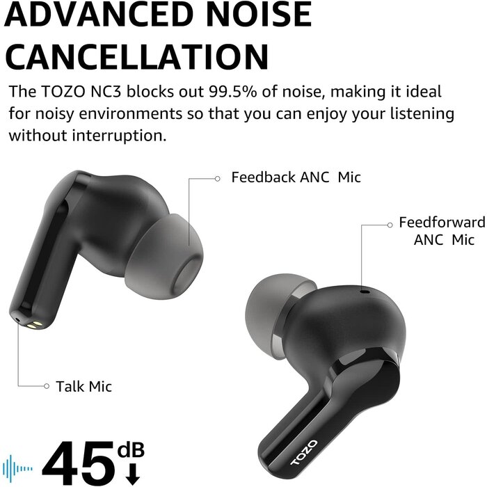TOZO NC3-BLACK - TOZO Black, Hybrid Active Noise Cancelling Wireless Earbuds with 6 Mics AI Clear Call Ear Buds 55H Playtime with LED Display 32 Preset EQs via APP Bluetooth 5.3 IPX8 Waterproof in Ear Headphones