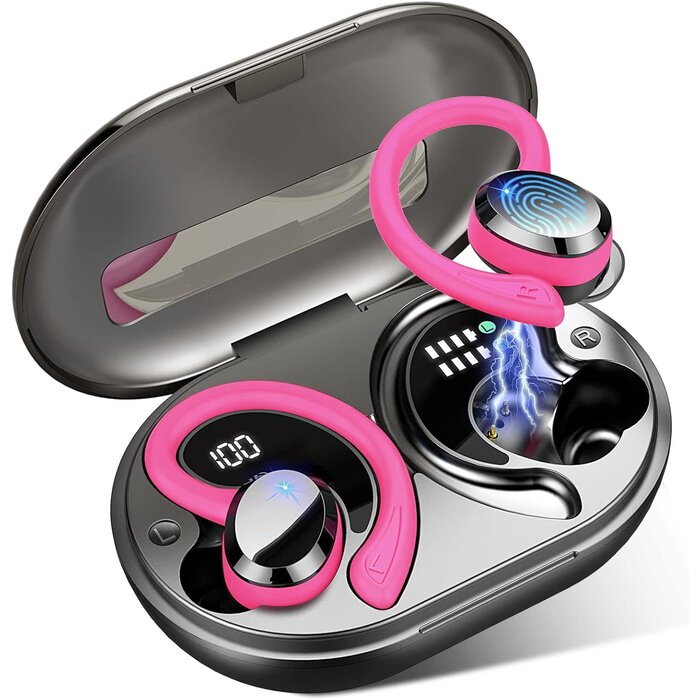 Rulefiss Q38-PINK - Rulefiss Wireless Earbuds Bluetooth Headphone Sport, Bluetooth 5.3 Earbud 3D HiFi Stereo Over Ear Buds, 48Hrs Earhooks Earphone with Noise Cancelling Mic, IP7 Waterproof Headset for Workout/Running/Gym