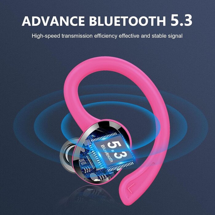 Rulefiss Q38-PINK - Rulefiss Wireless Earbuds Bluetooth Headphone Sport, Bluetooth 5.3 Earbud 3D HiFi Stereo Over Ear Buds, 48Hrs Earhooks Earphone with Noise Cancelling Mic, IP7 Waterproof Headset for Workout/Running/Gym