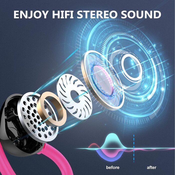 Rulefiss Q38-PINK - Rulefiss Wireless Earbuds Bluetooth Headphone Sport, Bluetooth 5.3 Earbud 3D HiFi Stereo Over Ear Buds, 48Hrs Earhooks Earphone with Noise Cancelling Mic, IP7 Waterproof Headset for Workout/Running/Gym