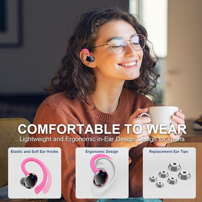 Rulefiss Q38-PINK - Rulefiss Wireless Earbuds Bluetooth Headphone Sport, Bluetooth 5.3 Earbud 3D HiFi Stereo Over Ear Buds, 48Hrs Earhooks Earphone with Noise Cancelling Mic, IP7 Waterproof Headset for Workout/Running/Gym