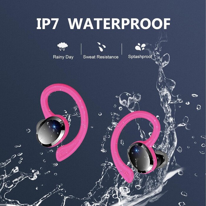 Rulefiss Q38-PINK - Rulefiss Wireless Earbuds Bluetooth Headphone Sport, Bluetooth 5.3 Earbud 3D HiFi Stereo Over Ear Buds, 48Hrs Earhooks Earphone with Noise Cancelling Mic, IP7 Waterproof Headset for Workout/Running/Gym