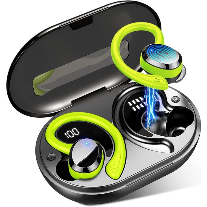 Rulefiss Q38-GREEN - Rulefiss Wireless Earbuds Bluetooth Headphone Sport, Bluetooth 5.3 Earbud 3D HiFi Stereo Over Ear Buds, 48Hrs Earhooks Earphone with Noise Cancelling Mic, IP7 Waterproof Headset for Workout/Running/Gym