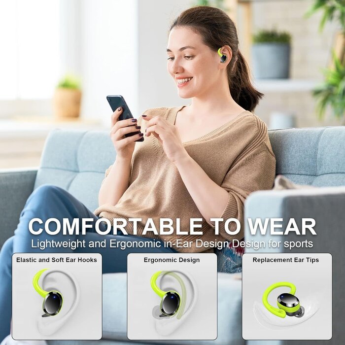 Rulefiss Q38-GREEN - Rulefiss Wireless Earbuds Bluetooth Headphone Sport, Bluetooth 5.3 Earbud 3D HiFi Stereo Over Ear Buds, 48Hrs Earhooks Earphone with Noise Cancelling Mic, IP7 Waterproof Headset for Workout/Running/Gym