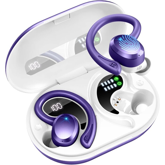 Rulefiss Q38-PURPLE - Rulefiss Wireless Earbuds Bluetooth Headphone Sport, Bluetooth 5.3 Earbud 3D HiFi Stereo Over Ear Buds, 48Hrs Earhooks Earphone with Noise Cancelling Mic, IP7 Waterproof Headset for Workout/Running/Gym, Purple/White