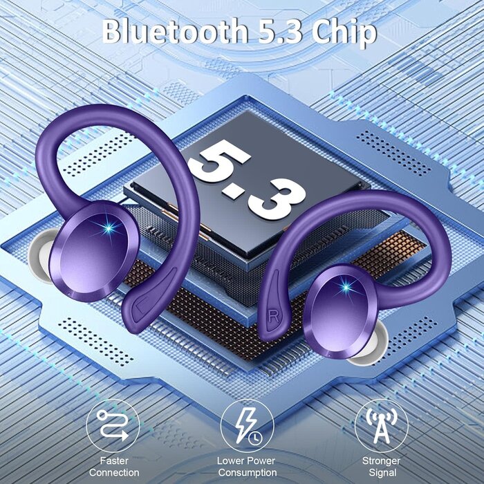 Rulefiss Q38-PURPLE - Rulefiss Wireless Earbuds Bluetooth Headphone Sport, Bluetooth 5.3 Earbud 3D HiFi Stereo Over Ear Buds, 48Hrs Earhooks Earphone with Noise Cancelling Mic, IP7 Waterproof Headset for Workout/Running/Gym, Purple/White