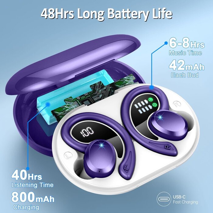 Rulefiss Q38-PURPLE - Rulefiss Wireless Earbuds Bluetooth Headphone Sport, Bluetooth 5.3 Earbud 3D HiFi Stereo Over Ear Buds, 48Hrs Earhooks Earphone with Noise Cancelling Mic, IP7 Waterproof Headset for Workout/Running/Gym, Purple/White