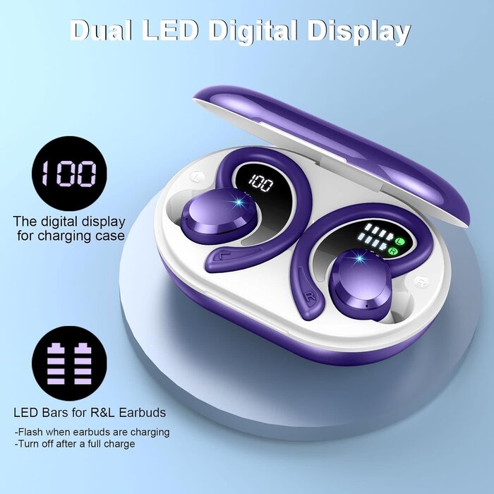 Rulefiss Q38-PURPLE - Rulefiss Wireless Earbuds Bluetooth Headphone Sport, Bluetooth 5.3 Earbud 3D HiFi Stereo Over Ear Buds, 48Hrs Earhooks Earphone with Noise Cancelling Mic, IP7 Waterproof Headset for Workout/Running/Gym, Purple/White