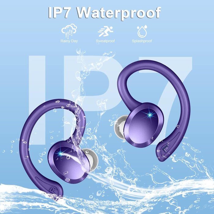 Rulefiss Q38-PURPLE - Rulefiss Wireless Earbuds Bluetooth Headphone Sport, Bluetooth 5.3 Earbud 3D HiFi Stereo Over Ear Buds, 48Hrs Earhooks Earphone with Noise Cancelling Mic, IP7 Waterproof Headset for Workout/Running/Gym, Purple/White