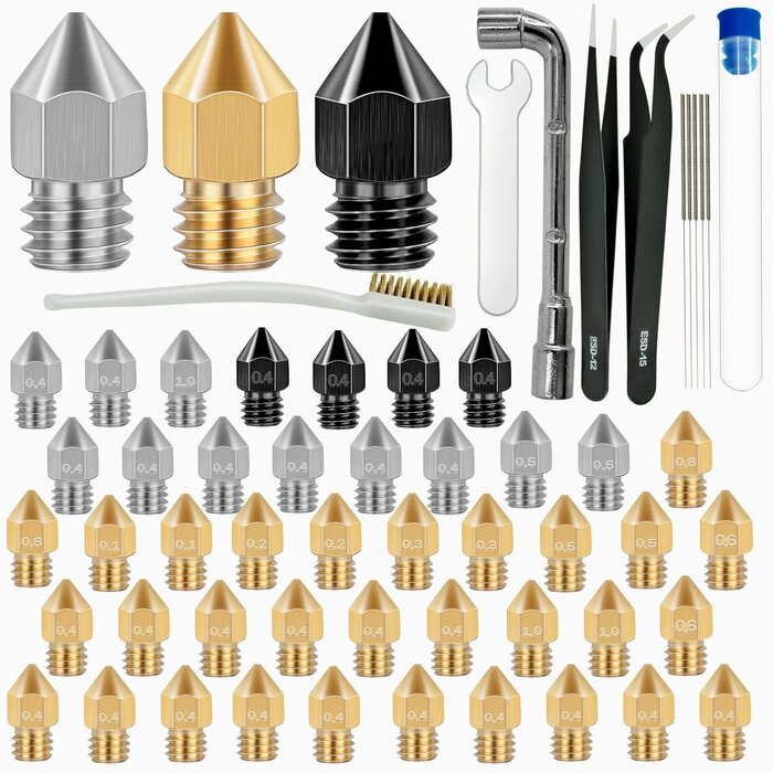 Axeyil AQ-553 - Axeyil 50 Pcs 3D Printer Nozzles Hardened Steel Stainless Steel Brass Printer Extruder Nozzles Set for CR-10, Ender 3 High Temperature Pointed Wear Resistant Mk8 Nozzle Cleaning Kit