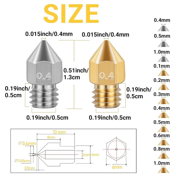 Axeyil AQ-553 - Axeyil 50 Pcs 3D Printer Nozzles Hardened Steel Stainless Steel Brass Printer Extruder Nozzles Set for CR-10, Ender 3 High Temperature Pointed Wear Resistant Mk8 Nozzle Cleaning Kit