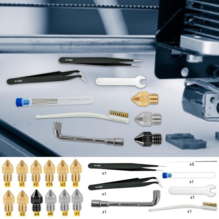 Axeyil AQ-553 - Axeyil 50 Pcs 3D Printer Nozzles Hardened Steel Stainless Steel Brass Printer Extruder Nozzles Set for CR-10, Ender 3 High Temperature Pointed Wear Resistant Mk8 Nozzle Cleaning Kit