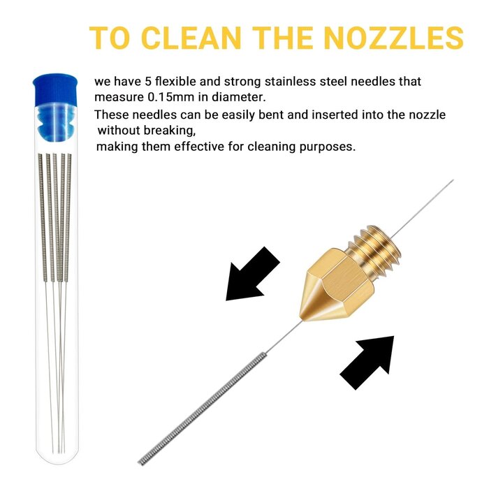 Axeyil AQ-553 - Axeyil 50 Pcs 3D Printer Nozzles Hardened Steel Stainless Steel Brass Printer Extruder Nozzles Set for CR-10, Ender 3 High Temperature Pointed Wear Resistant Mk8 Nozzle Cleaning Kit